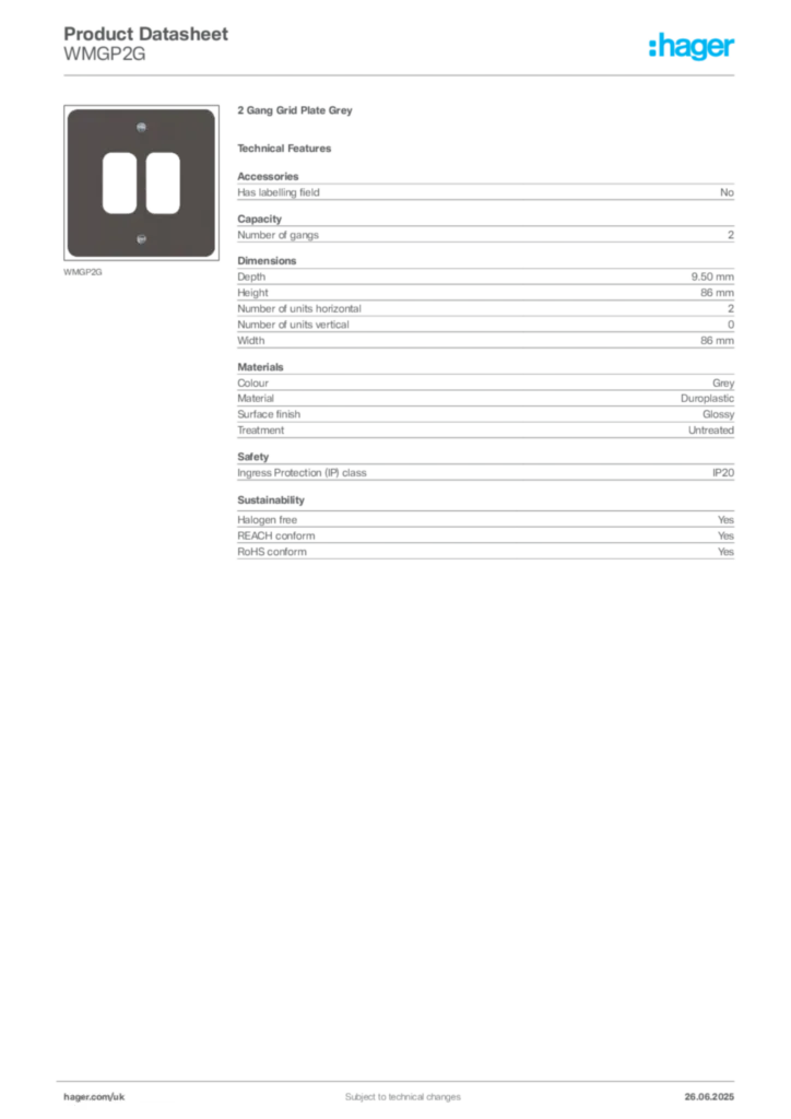 Image Hager Product data sheet WMGP2G  | Hager