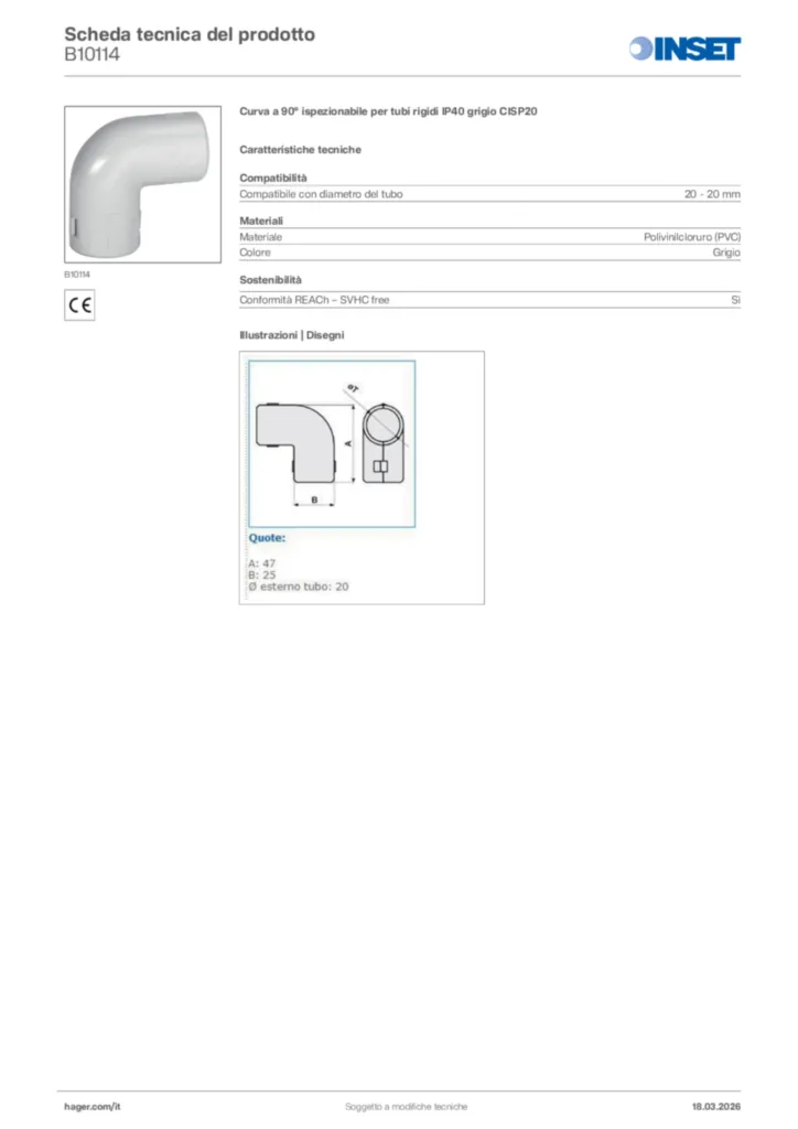Immagine Inset Scheda tecnica del prodotto B10114 | Hager Italia
