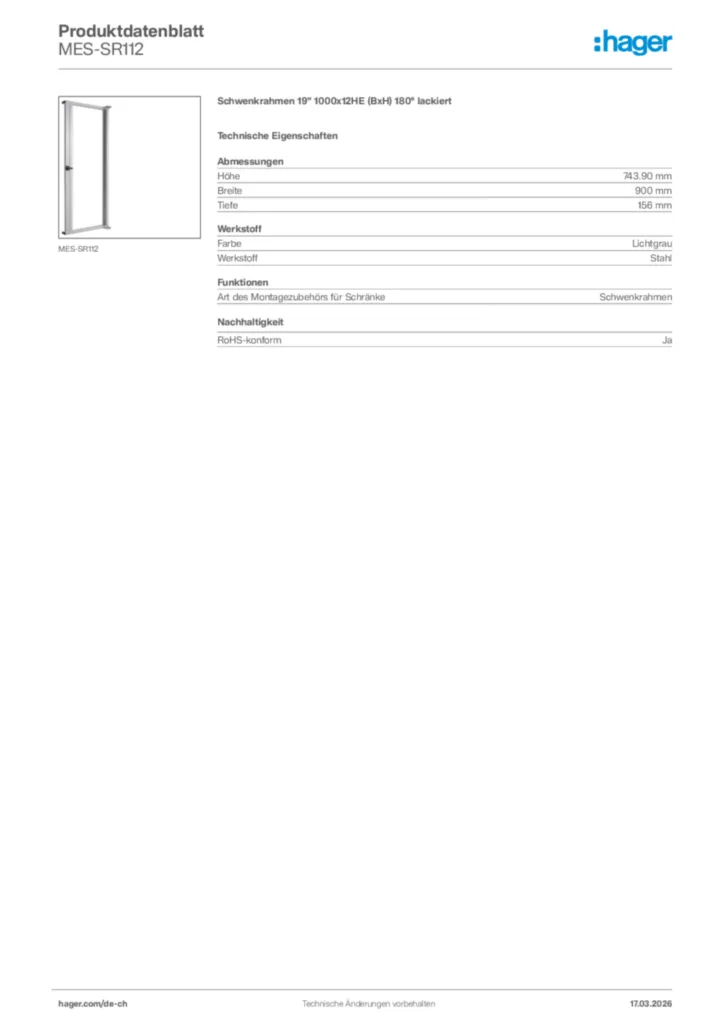 Bild Hager Produktdatenblatt MES-SR112 | Hager Schweiz
