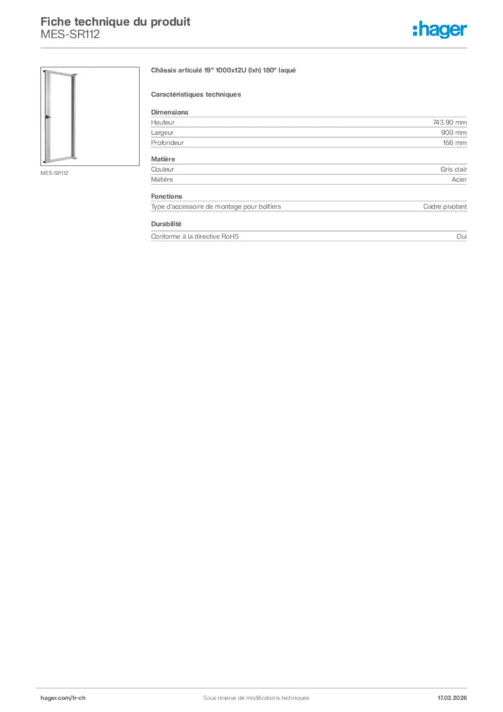 Image Hager Fiche technique du produit MES-SR112 | Hager Suisse
