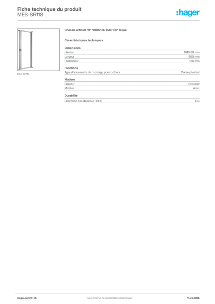 Image Hager Fiche technique du produit MES-SR118 | Hager Suisse