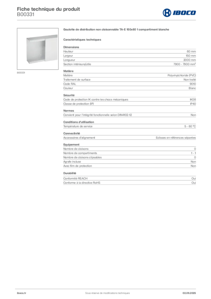 Image Iboco Fiche technique du produit B00331 | Hager France