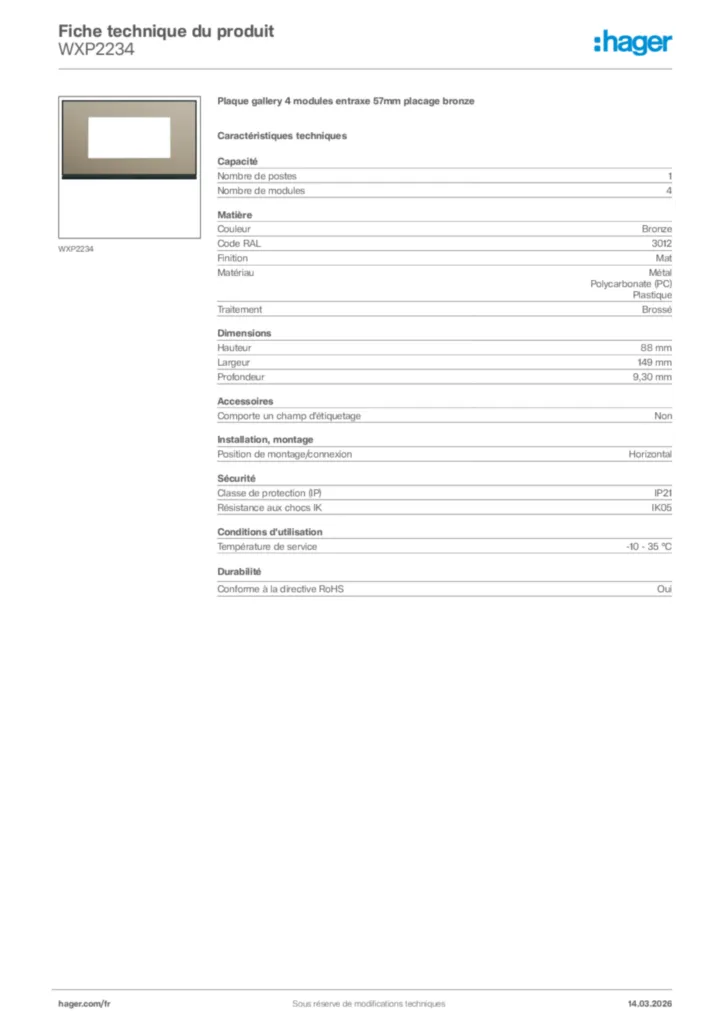 Image Hager Fiche technique du produit WXP2234 | Hager France