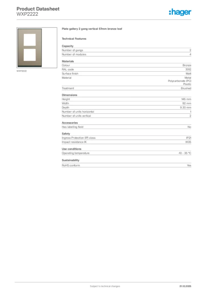 Image Hager Product data sheet WXP2222  | Hager Africa