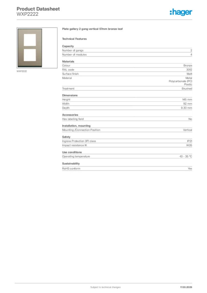 Image Hager Product data sheet WXP2222  | Hager Africa
