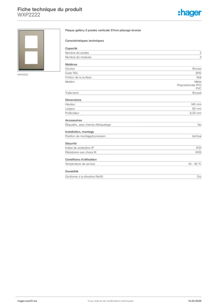 Image Hager Fiche technique du produit WXP2222 | Hager Belgique