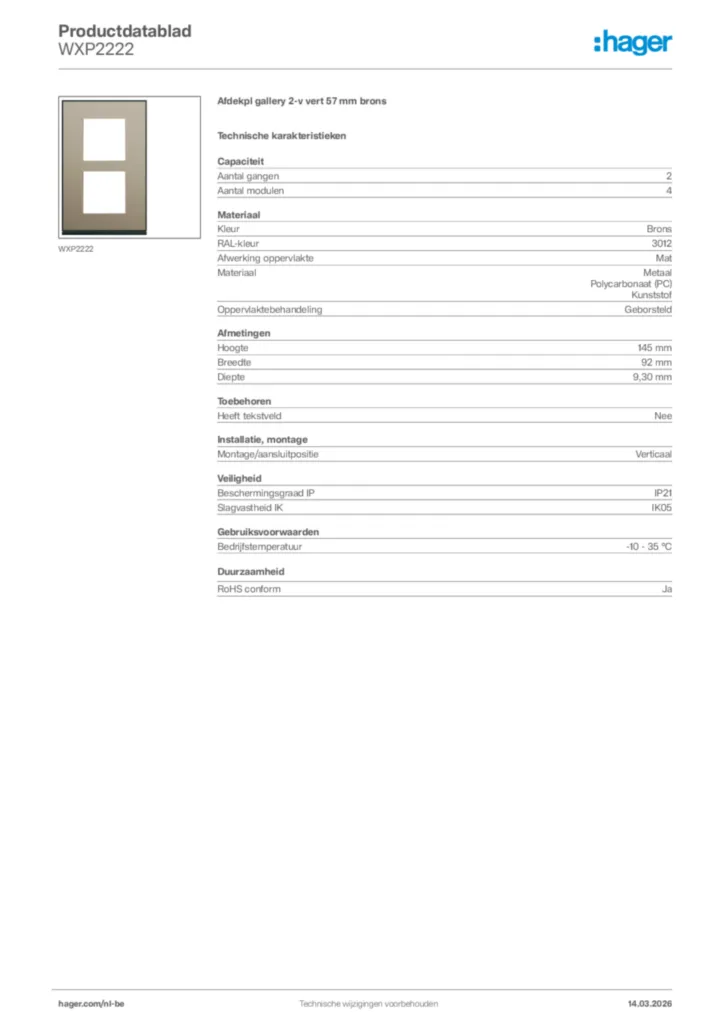 Afbeelding Hager Productdatablad WXP2222 | Hager Belgium