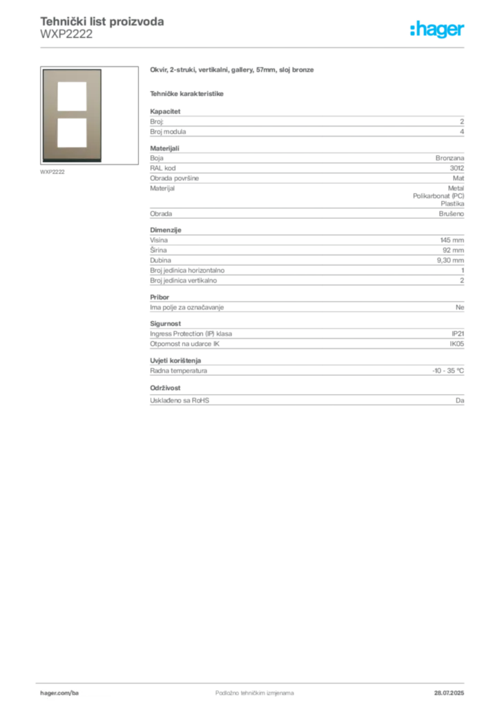 Slika Hager Product data sheet WXP2222  | Hager
