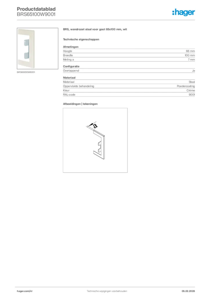 Afbeelding Hager Productdatablad BRS65100W9001 | Hager Nederland