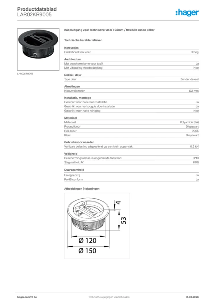 Afbeelding Hager Productdatablad LAR02KR9005 | Hager Belgium