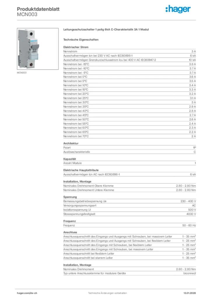 Bild Hager Produktdatenblatt MCN003 | Hager Schweiz