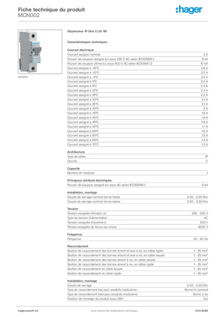 Image Hager Fiche technique du produit MCN002 | Hager Suisse