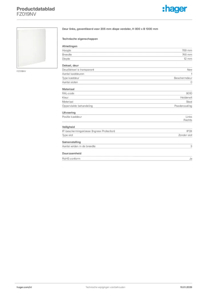 Afbeelding Hager Productdatablad FZ019NV | Hager Nederland