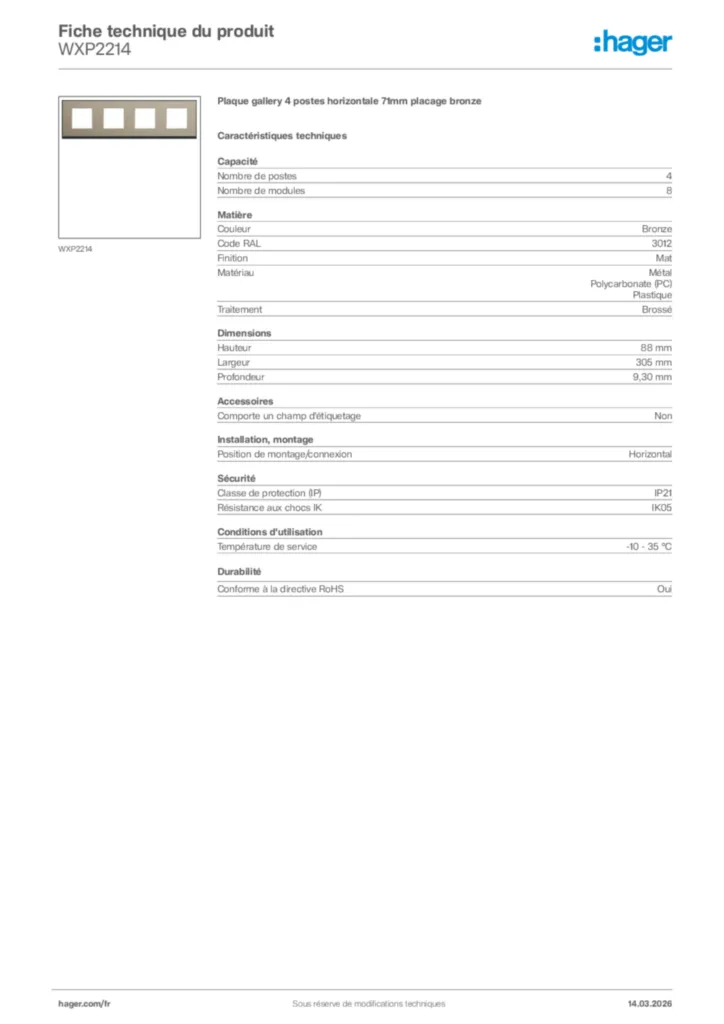 Image Hager Fiche technique du produit WXP2214 | Hager France
