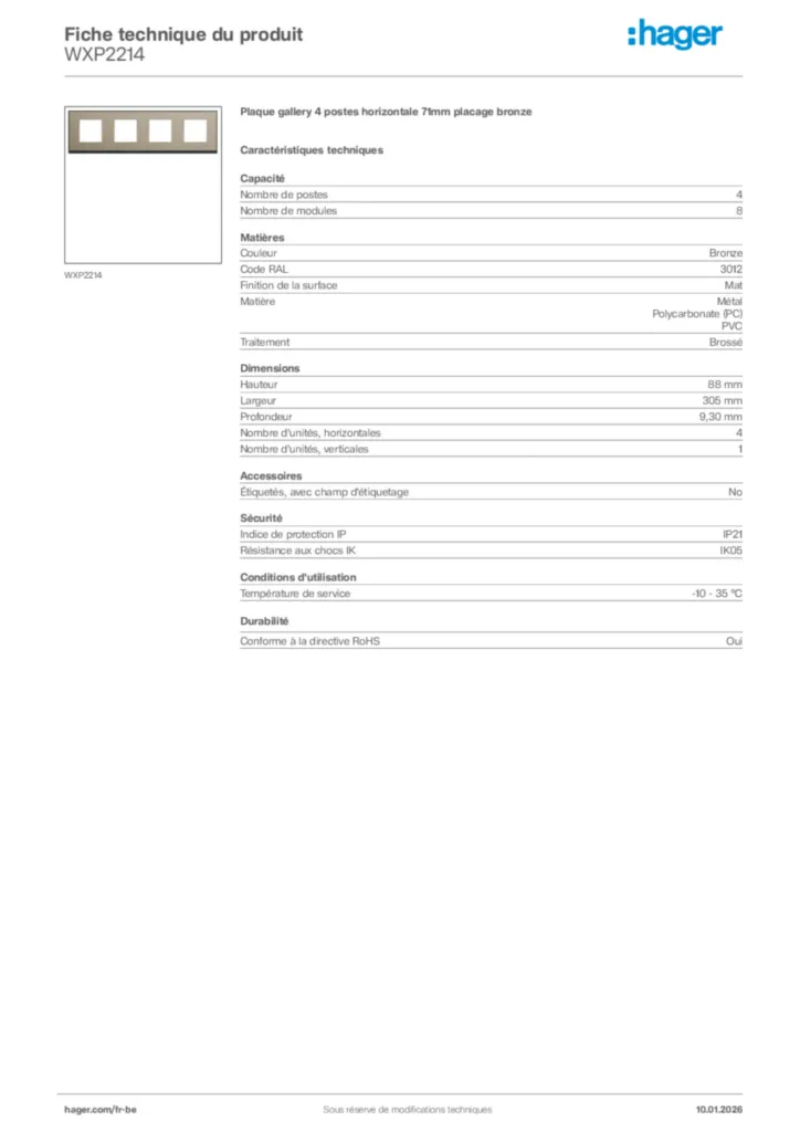 Image Hager Fiche technique du produit WXP2214 | Hager Belgique