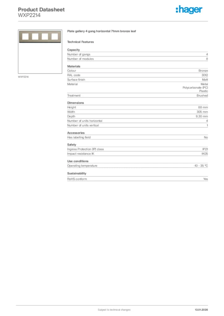Image Hager Product data sheet WXP2214  | Hager