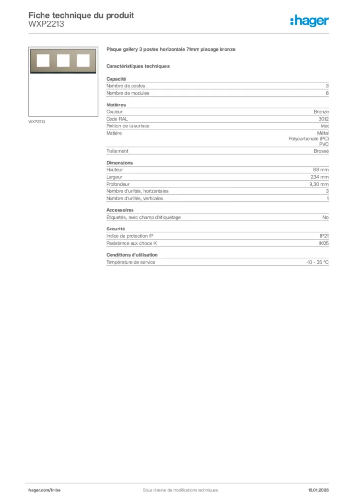 Image Hager Fiche technique du produit WXP2213 | Hager Belgique