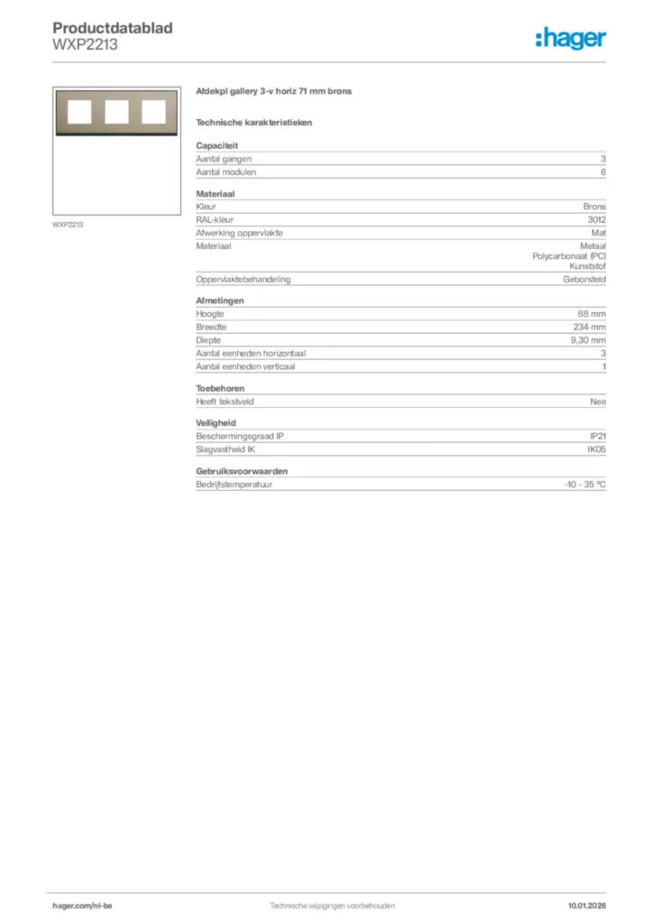 Afbeelding Hager Productdatablad WXP2213 | Hager Belgium