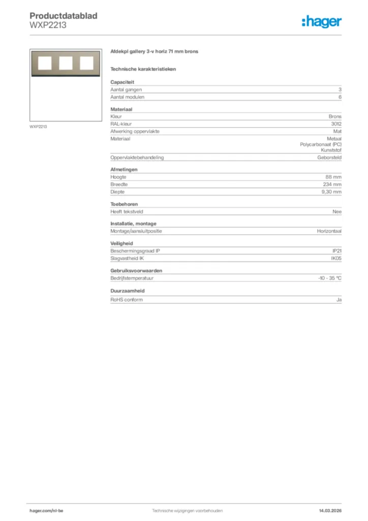 Afbeelding Hager Productdatablad WXP2213 | Hager Belgium