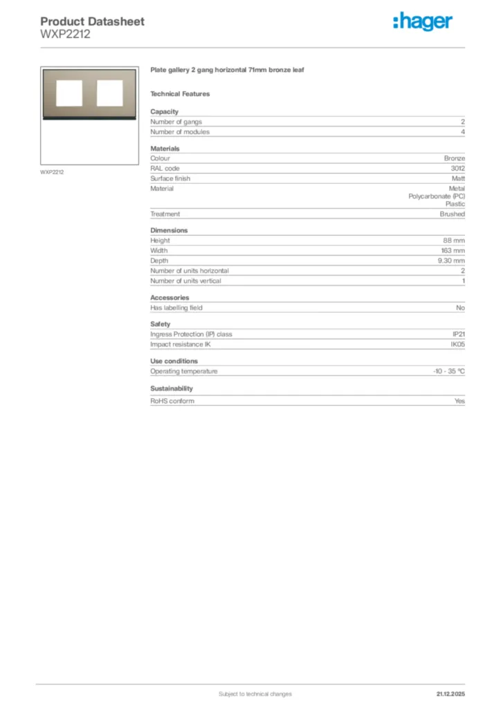 Image Hager Product data sheet WXP2212  | Hager Africa