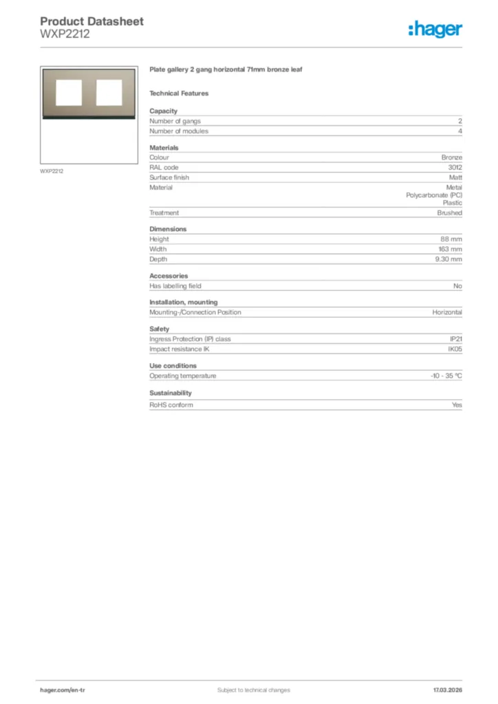 Image Hager Product data sheet WXP2212  | Hager