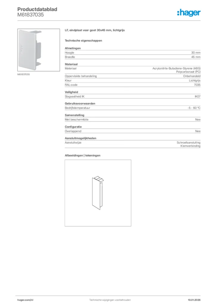 Afbeelding Hager Productdatablad M61837035 | Hager Nederland