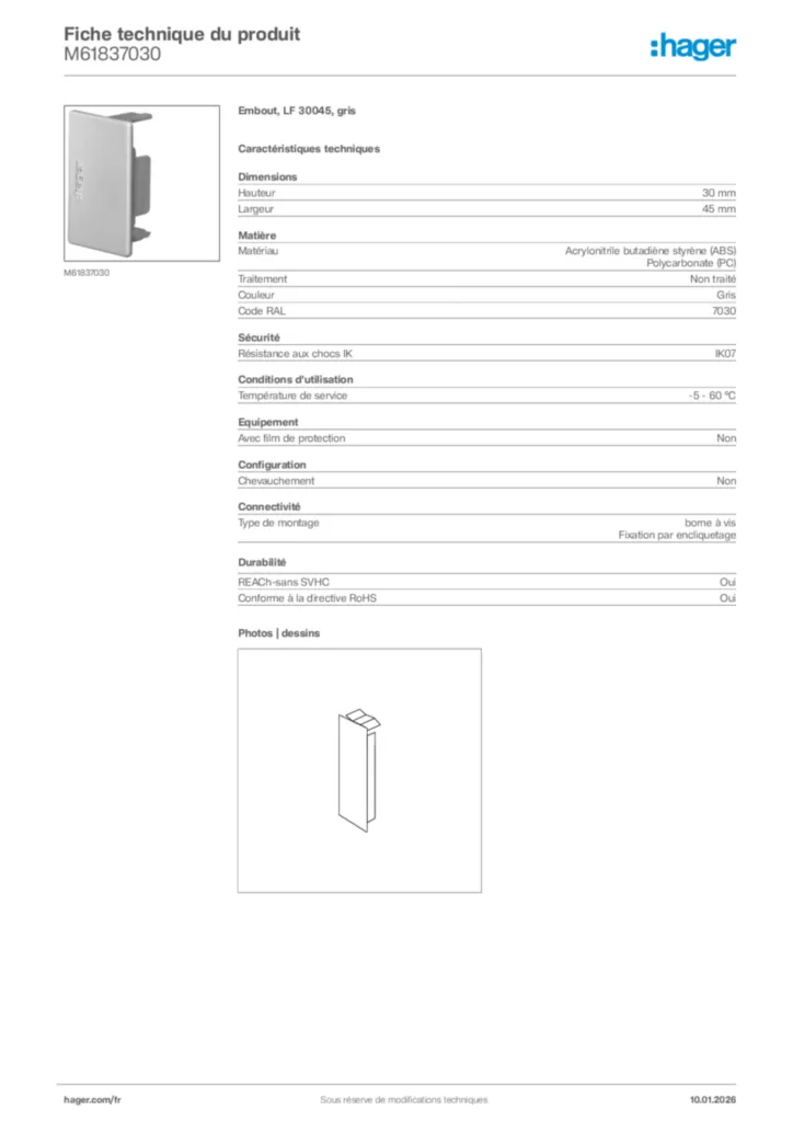 Image Hager Fiche technique du produit M61837030 | Hager France