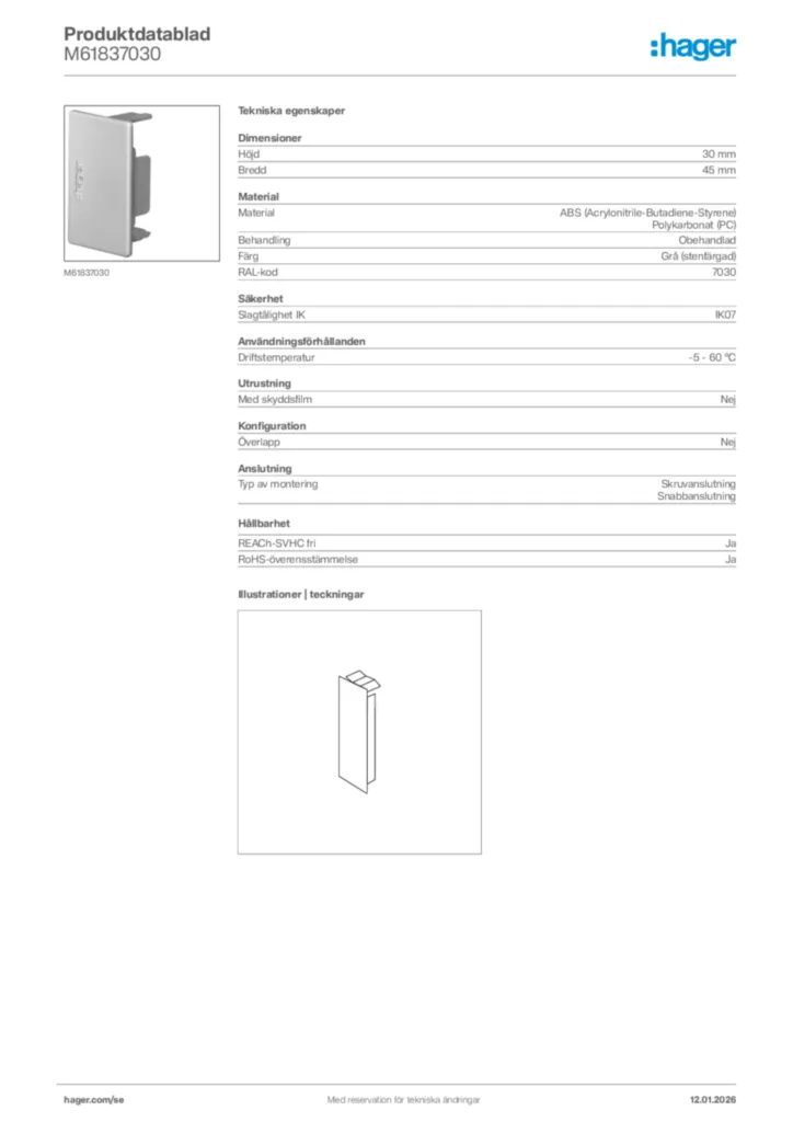 Bild Hager Produktdatablad M61837030 | Hager Sverige