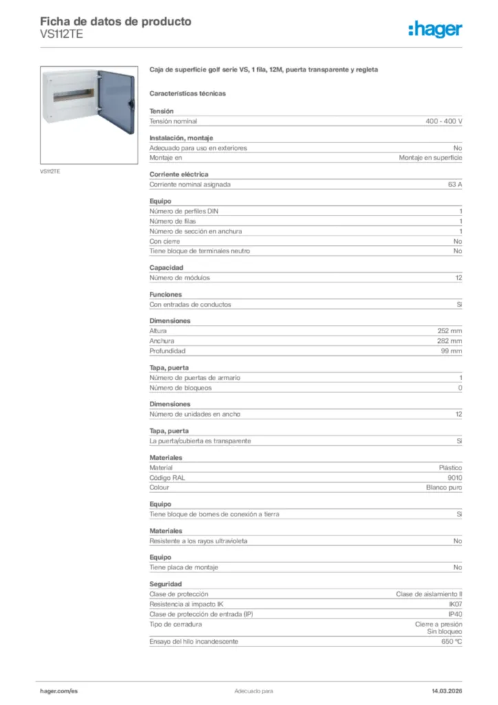 Imagen Hager Ficha de datos de producto VS112TE | Hager España
