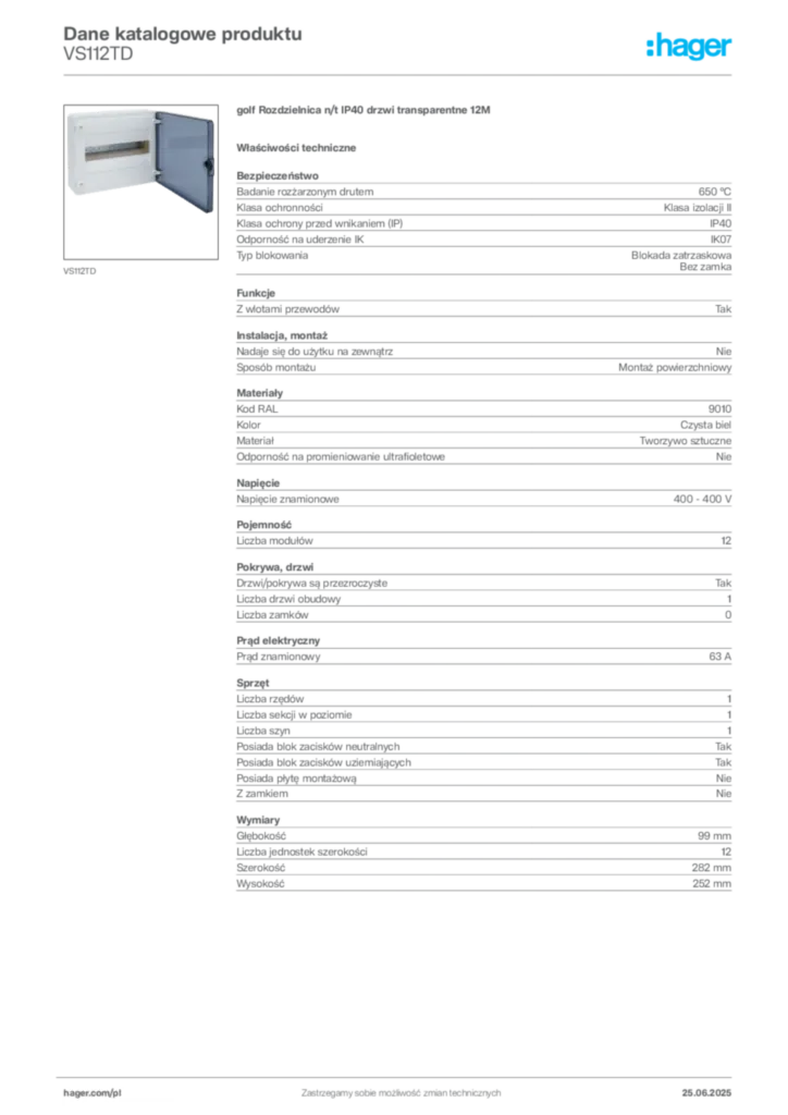 Zdjęcie Hager Dane katalogowe produktu VS112TD | Hager Polska