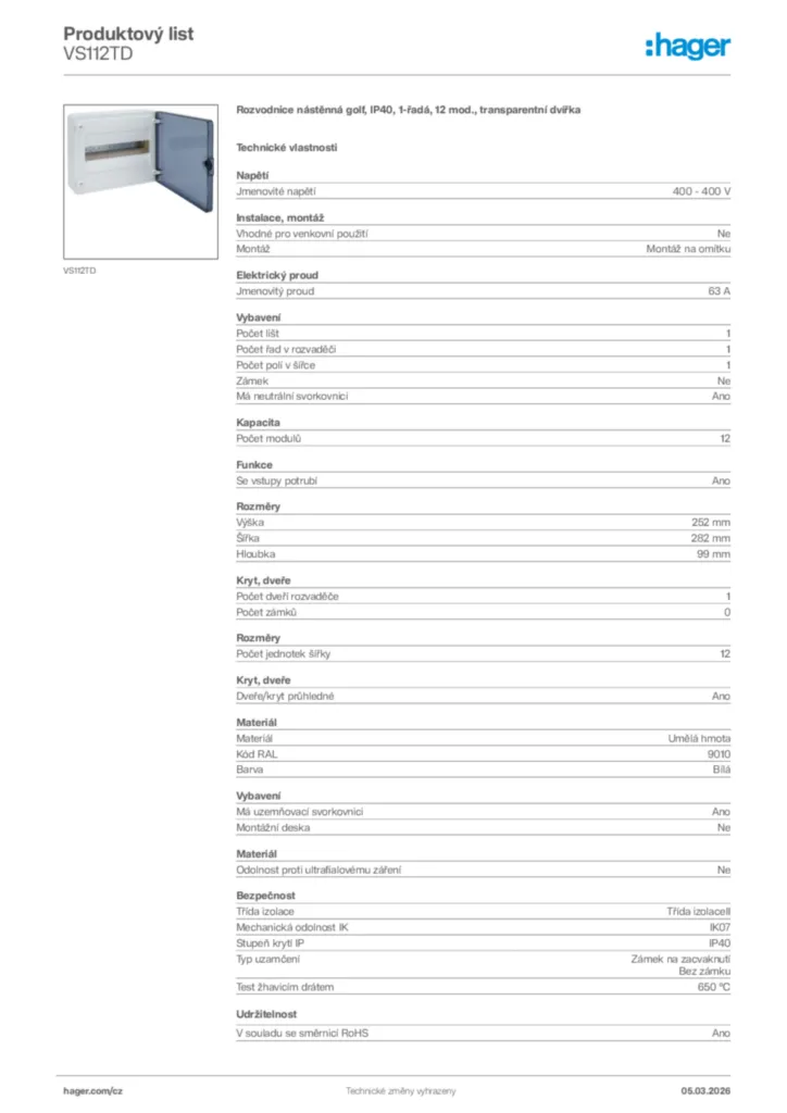 Obrázek Hager Product data sheet VS112TD | Hager
