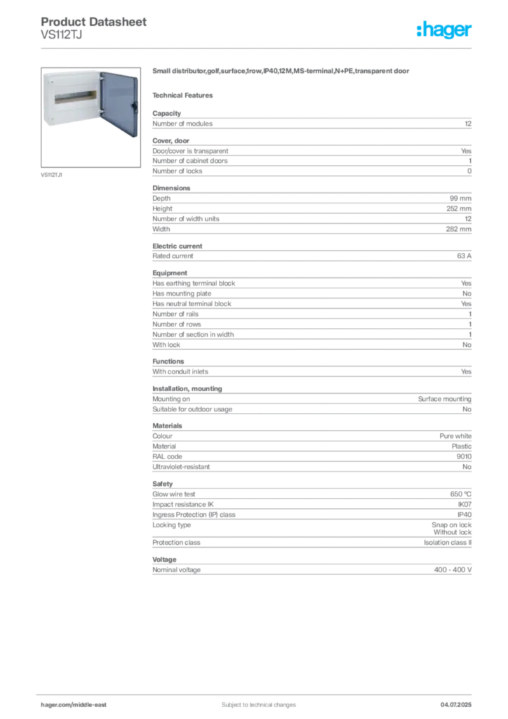 Image Hager Product data sheet VS112TJ  | Hager