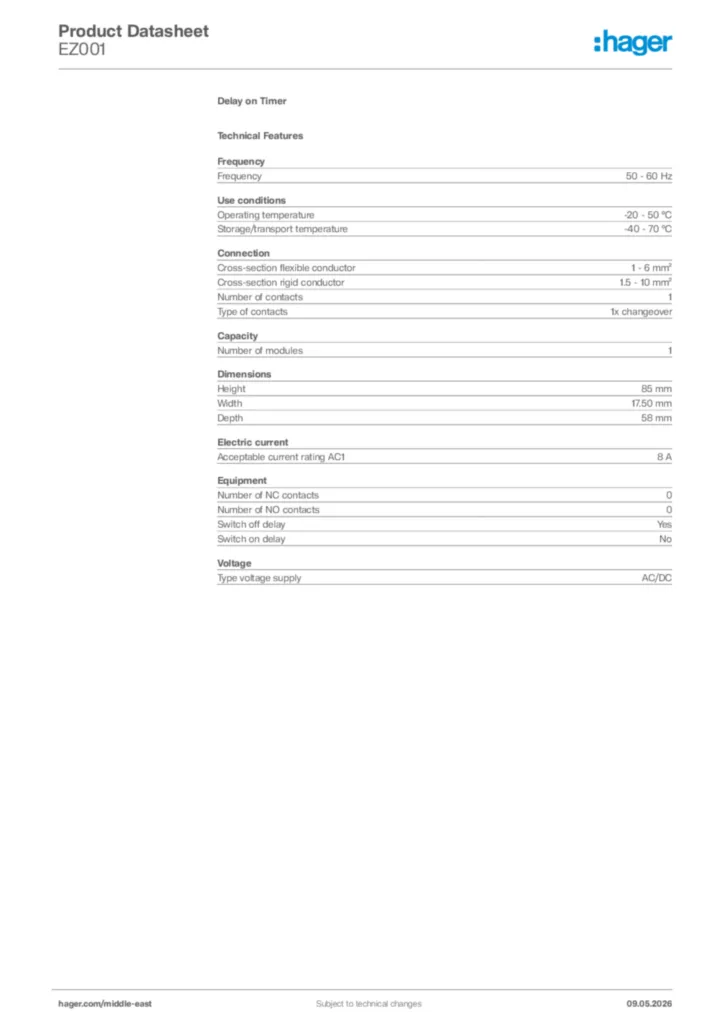 Image Hager Product data sheet EZ001  | Hager