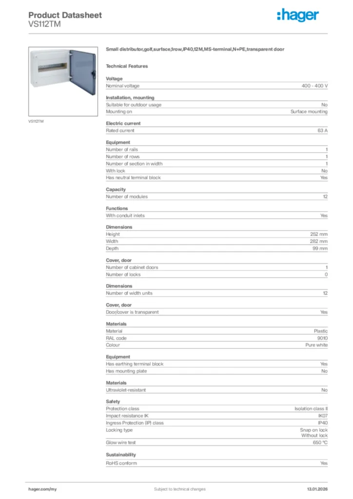 Image Hager Product data sheet VS112TM  | Hager