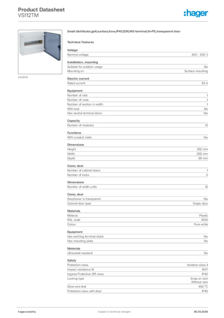 Image Hager Product data sheet VS112TM  | Hager