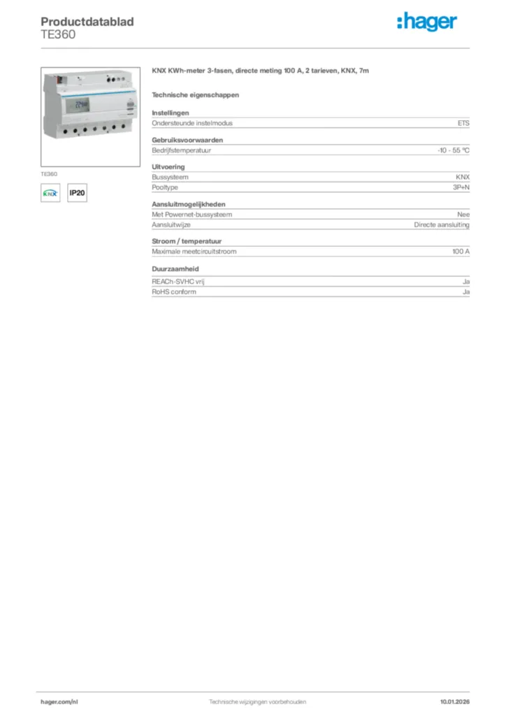 Afbeelding Hager Productdatablad TE360 | Hager Nederland