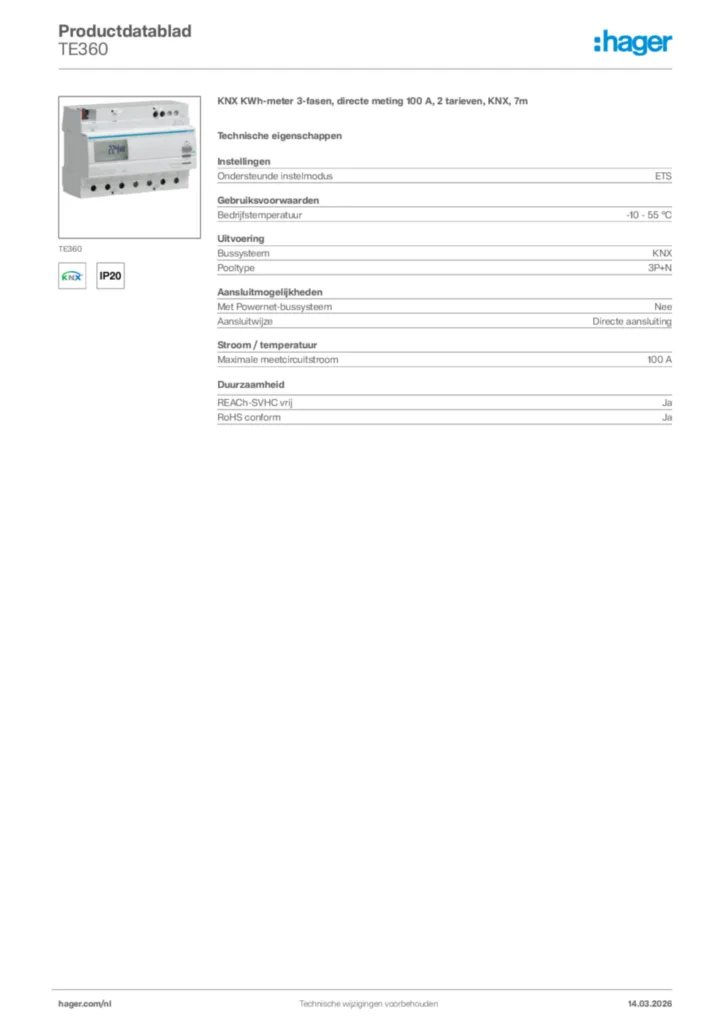 Afbeelding Hager Productdatablad TE360 | Hager Nederland