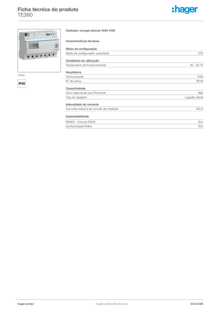 Imagem Hager Ficha técnica do produto TE360 | Hager Portugal