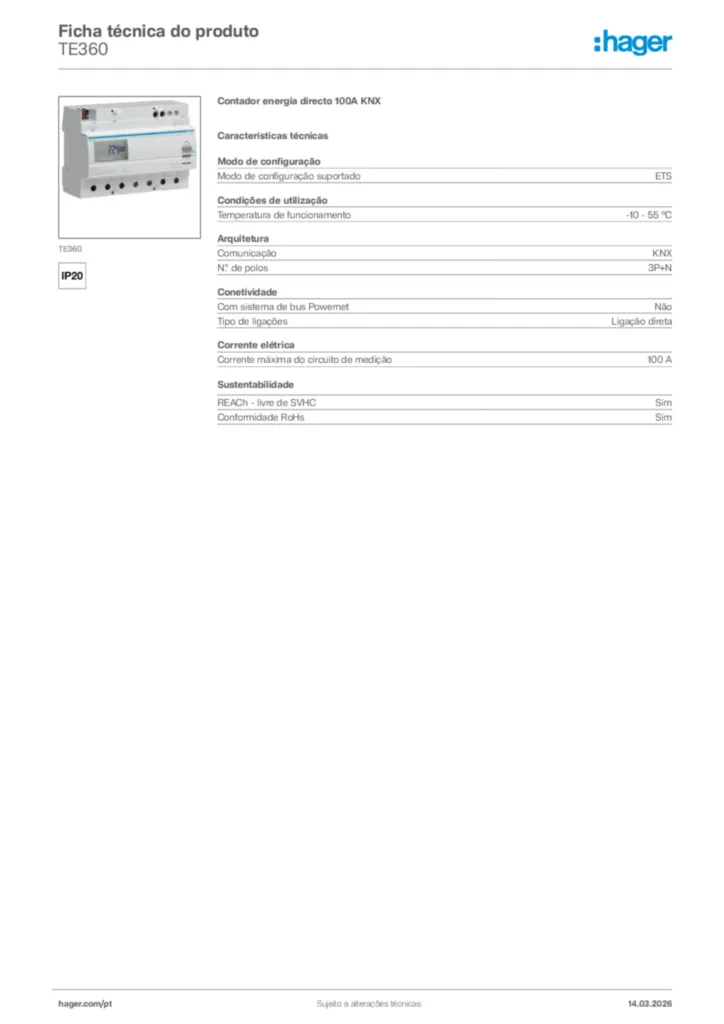 Imagem Hager Ficha técnica do produto TE360 | Hager Portugal