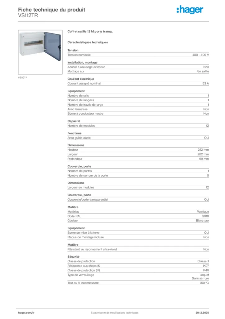 Image Hager Fiche technique du produit VS112TR | Hager France