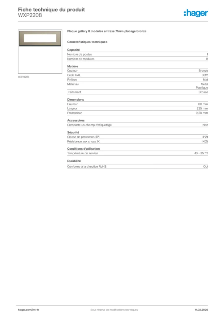 Image Hager Fiche technique du produit WXP2208 | Hager Afrique