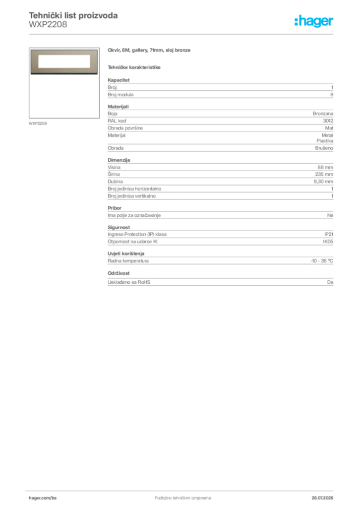 Slika Hager Product data sheet WXP2208  | Hager