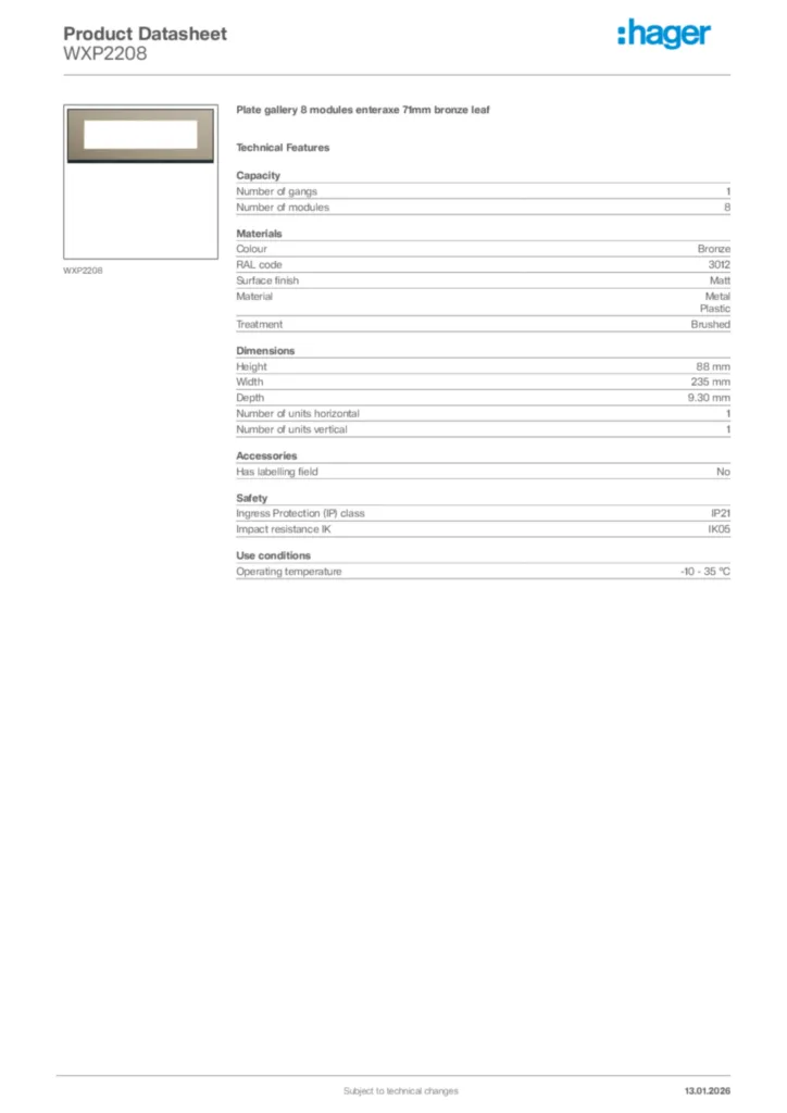 Image Hager Product data sheet WXP2208  | Hager