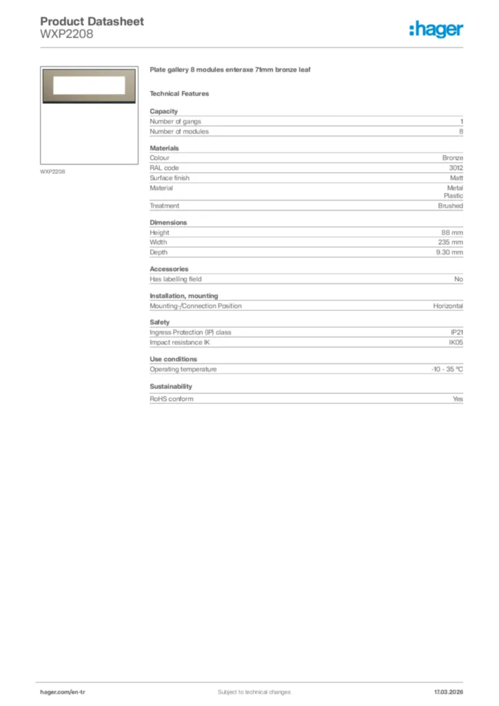 Image Hager Product data sheet WXP2208  | Hager