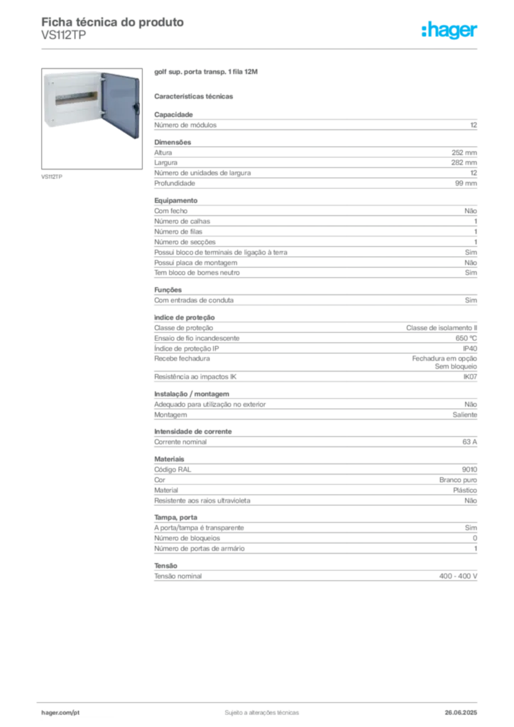 Imagem Hager Ficha técnica do produto VS112TP | Hager Portugal