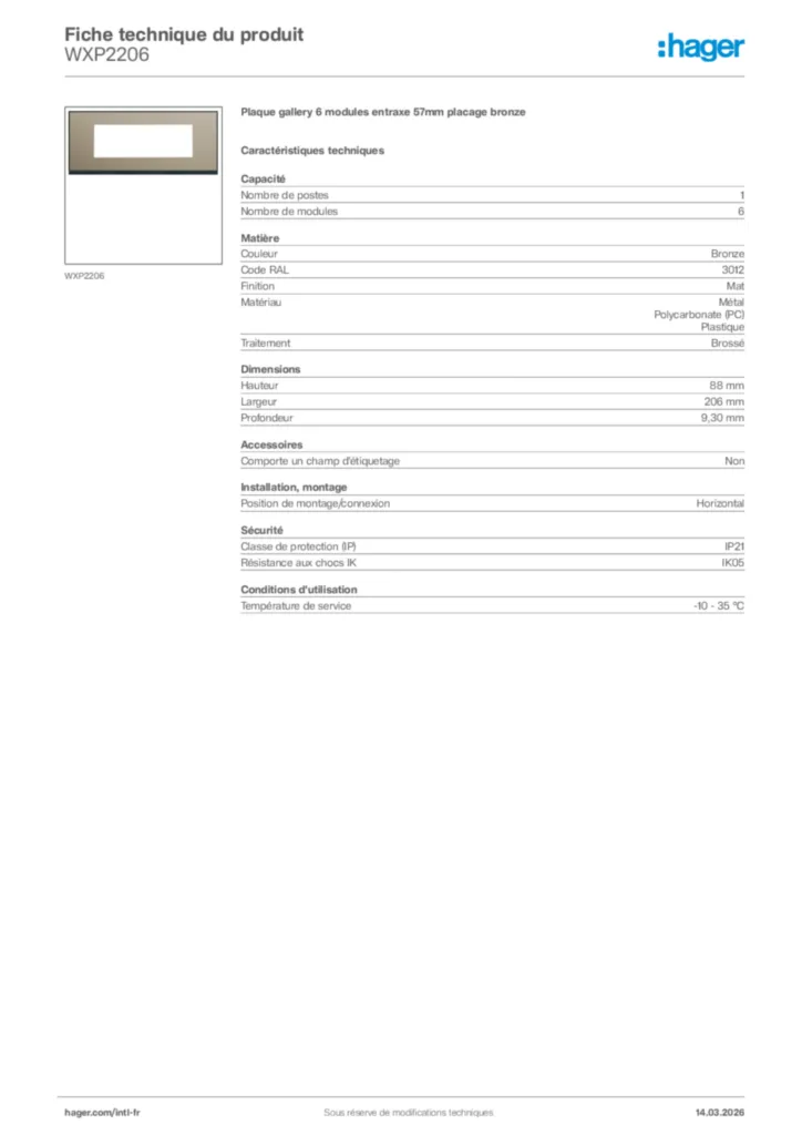 Image Hager Fiche technique du produit WXP2206 | Hager Afrique