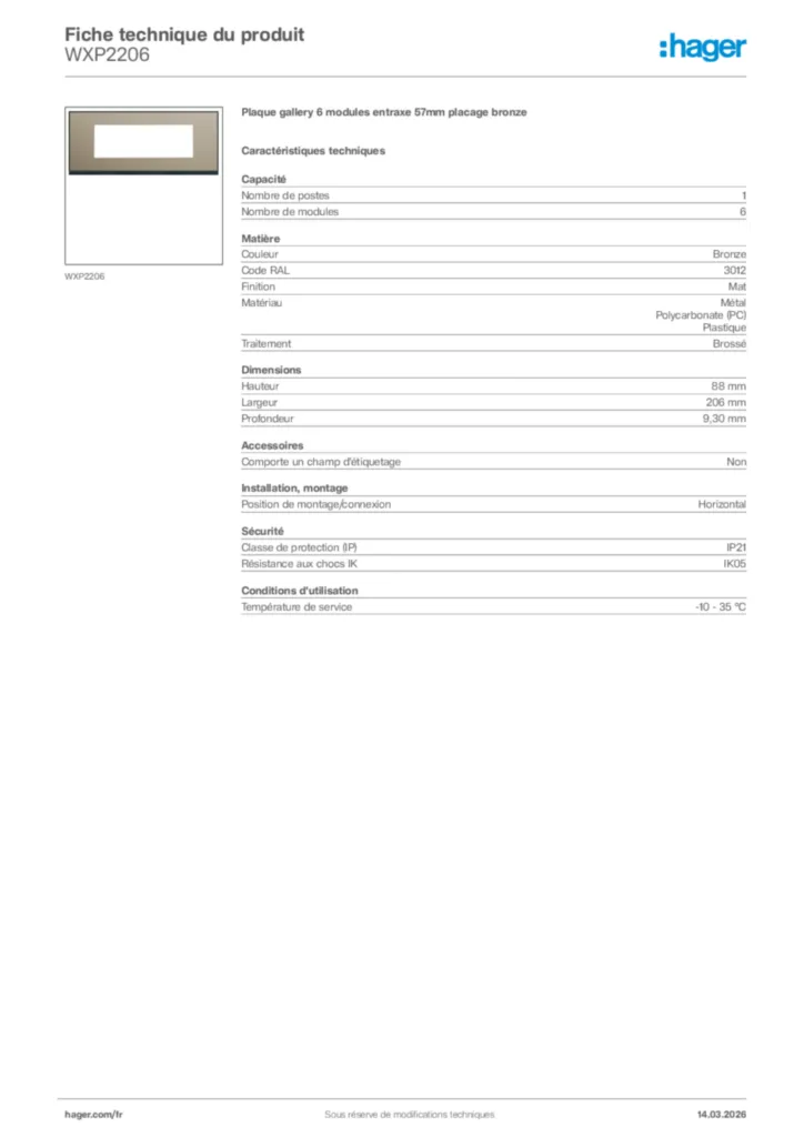 Image Hager Fiche technique du produit WXP2206 | Hager France