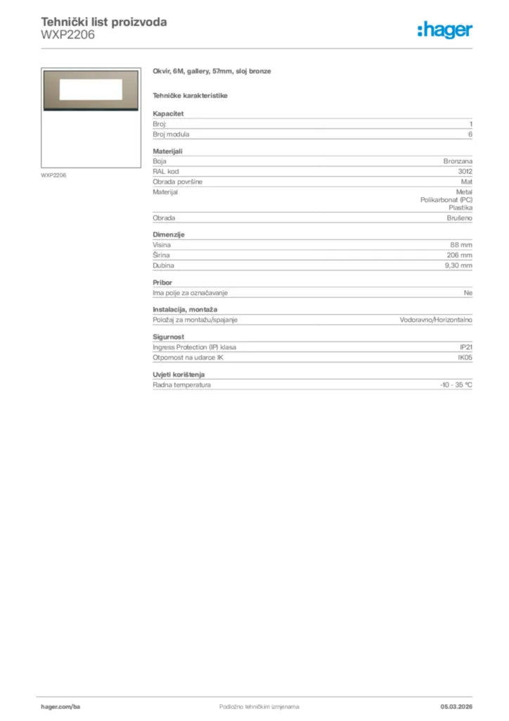Slika Hager Tehnički list proizvoda WXP2206  | Hager