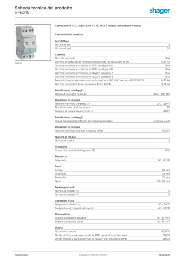 Immagine Hager Scheda tecnica del prodotto SFB216 | Hager Italia