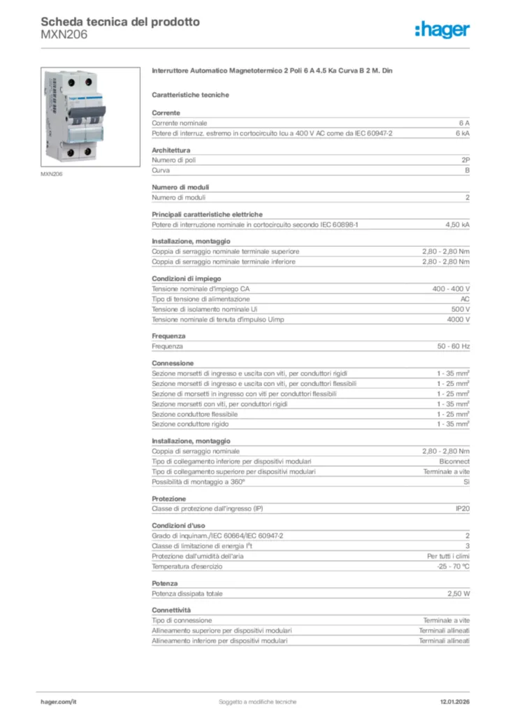 Immagine Hager Scheda tecnica del prodotto MXN206 | Hager Italia